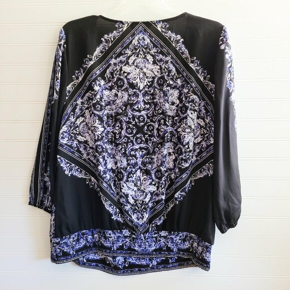 White House Black Market Top Womens 14 Black Blue Print Crossover Faux Wrap - Picture 7 of 9